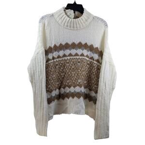 Knox Rose Fair Isle Sweater Mock Turtleneck Ivory L Knit Drop Shoulders Pullover